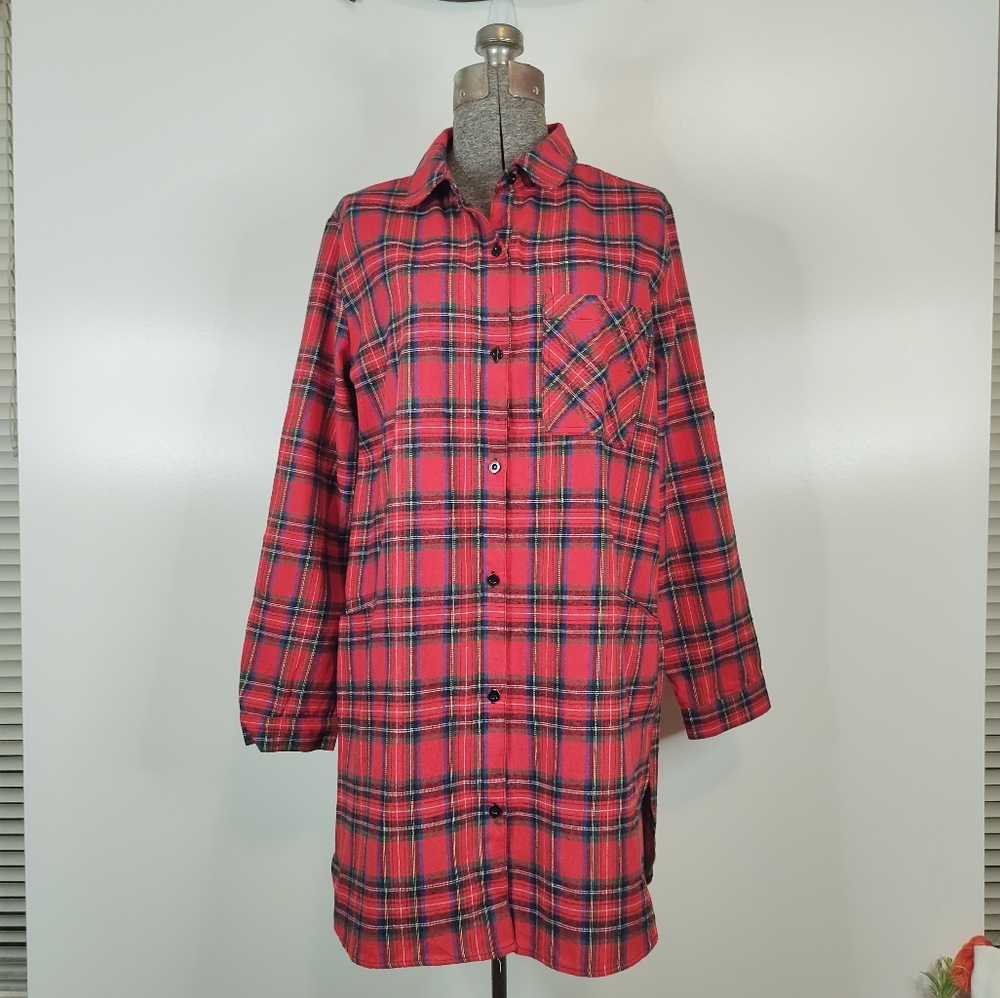Axis red plaid flannel long sleeve button down shirt dress